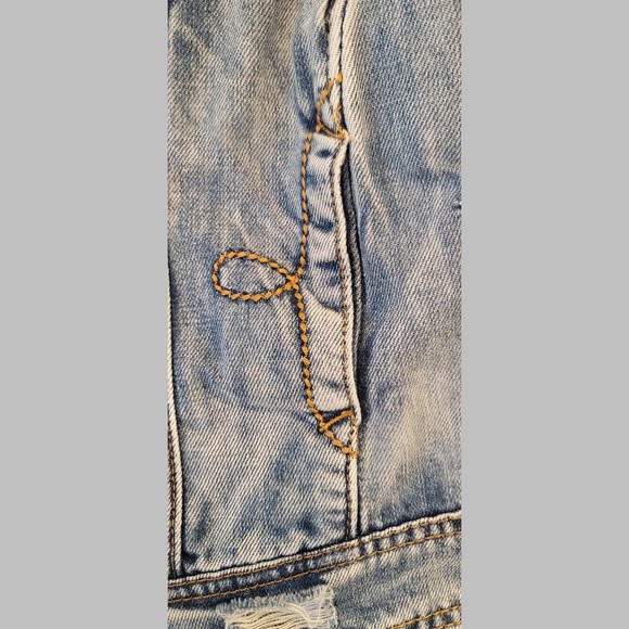 Boho Funky distressed cropped denim jacket size large cut small - Picture 3 of 5
